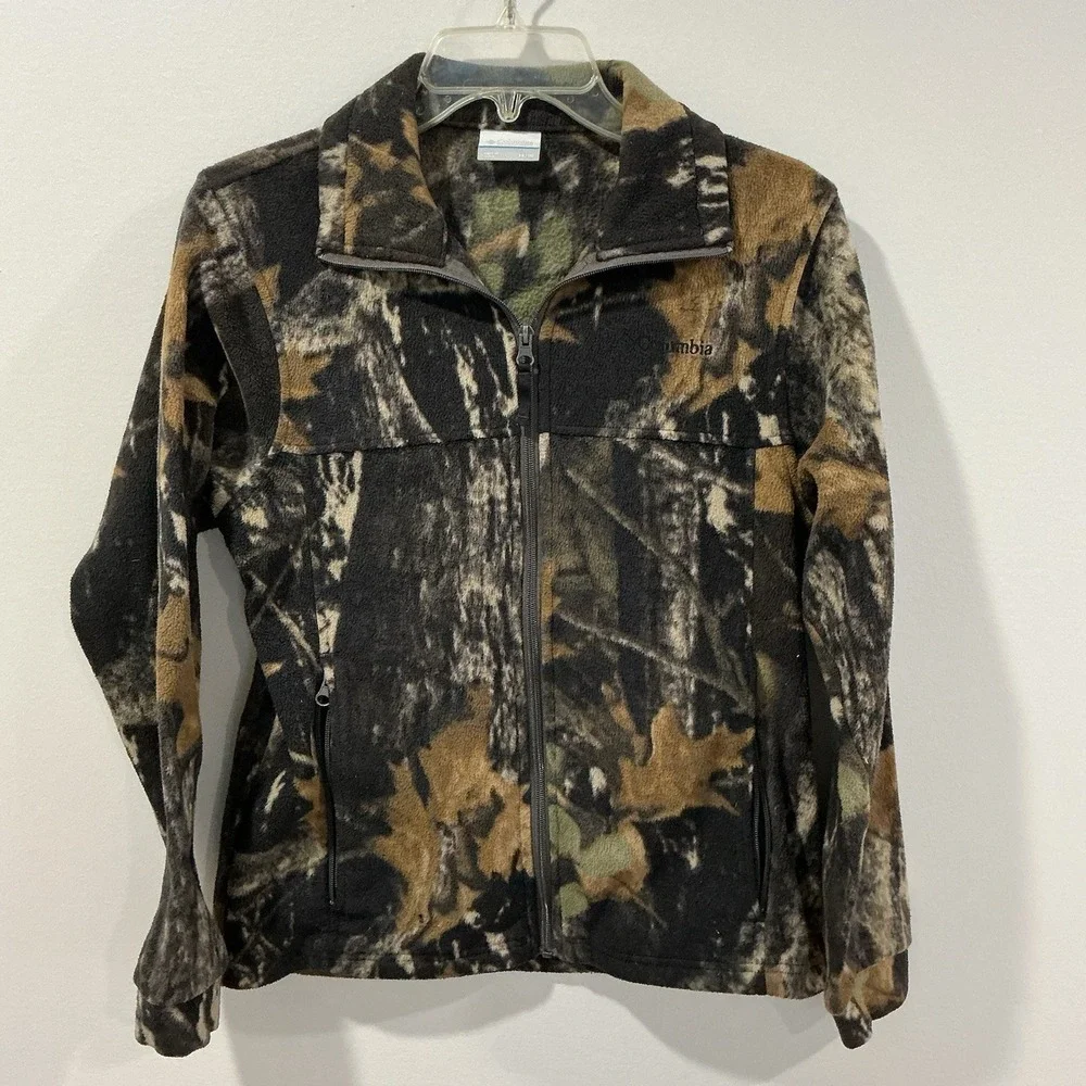 Columbia Camo Fleece Hunting Jacket Youth 14/16 Full Zip Black Logo Pockets Coat